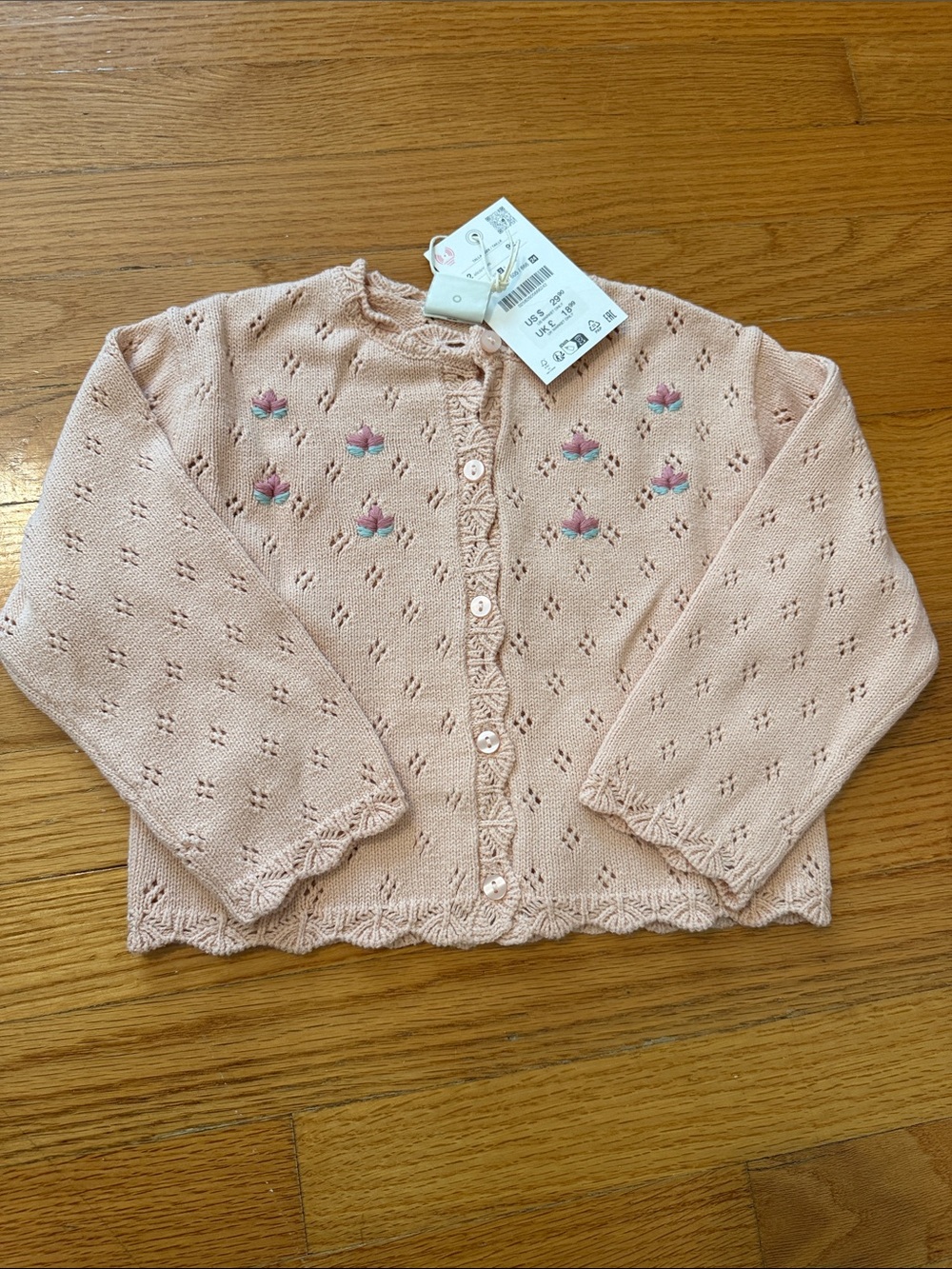 Zara Light Pink Knit Cardigan with Embroidered Flowers